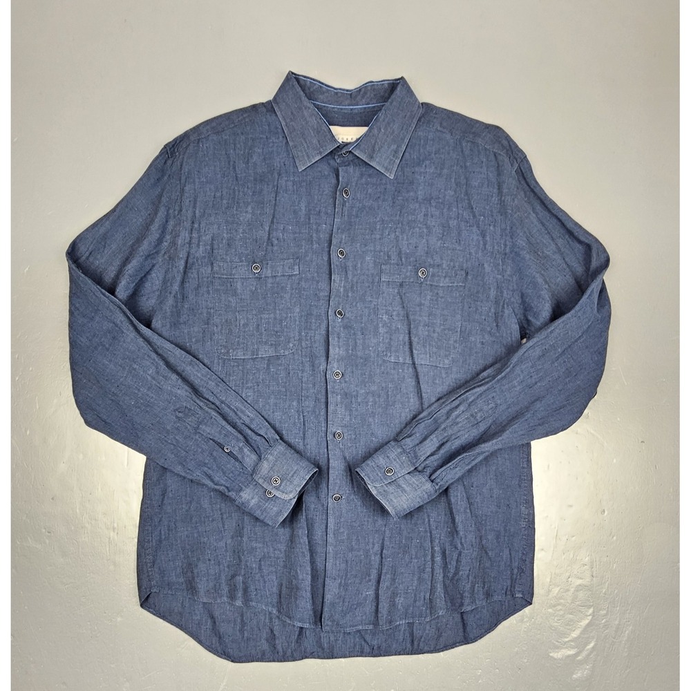 Joseph Abboud Button Up Shirt Mens‎ XL Navy Blue 100% Linen Long Sleeve Casual